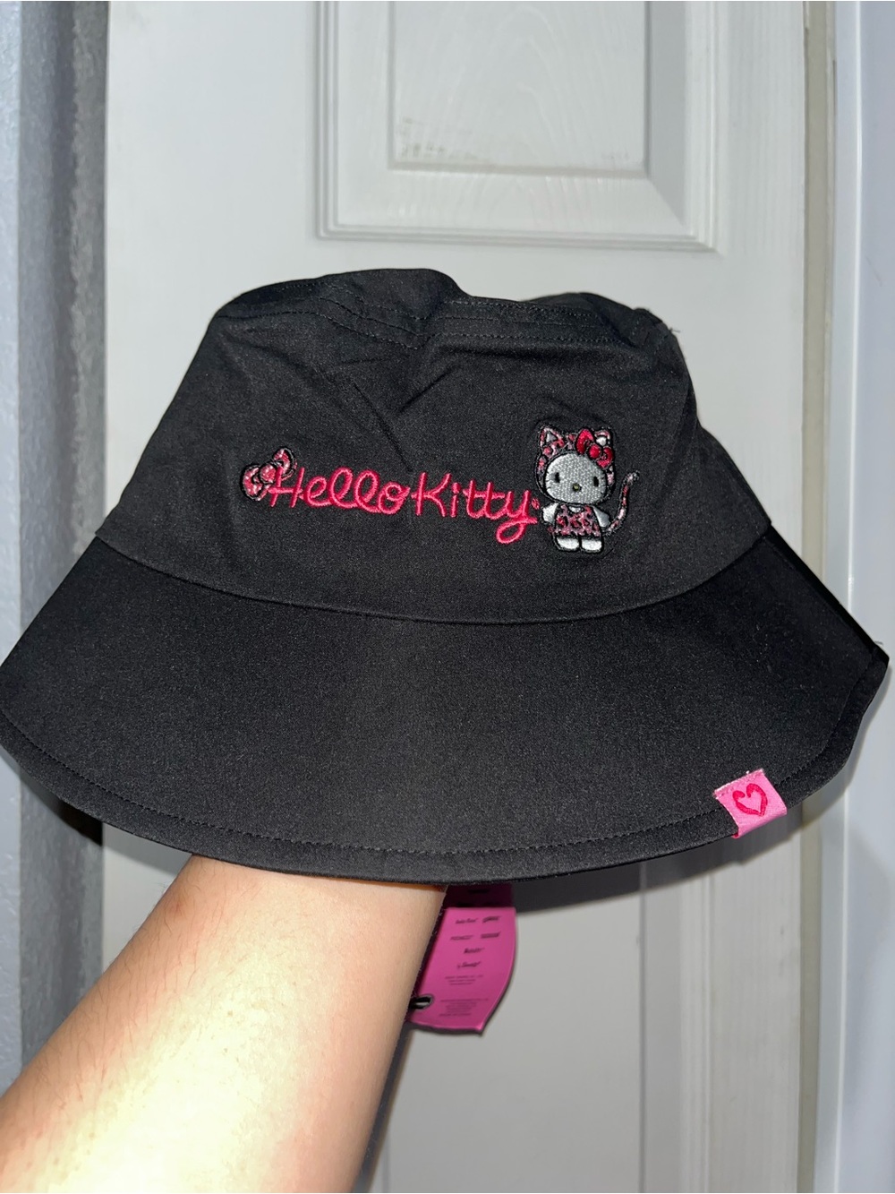 Hello Kitty Black Bucket Hat with Pink Embroidered Logo